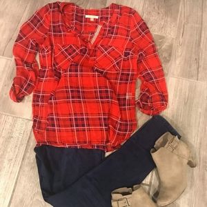 EUC Stitch Fix Red Plaid Skies Are Blue Top